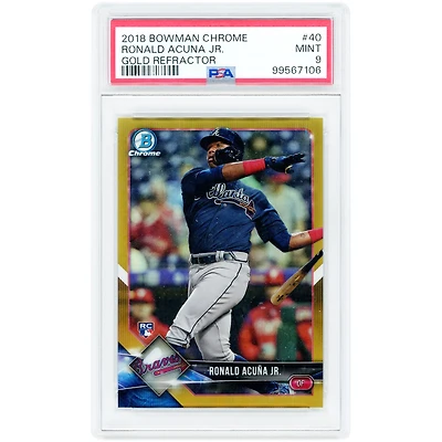 Carte de recrue Ronald Acuña Jr., Braves d'Atlanta, 2018, Bowman Chrome Gold Refractor n° 40, n° 32/50, authentifiée PSA 9