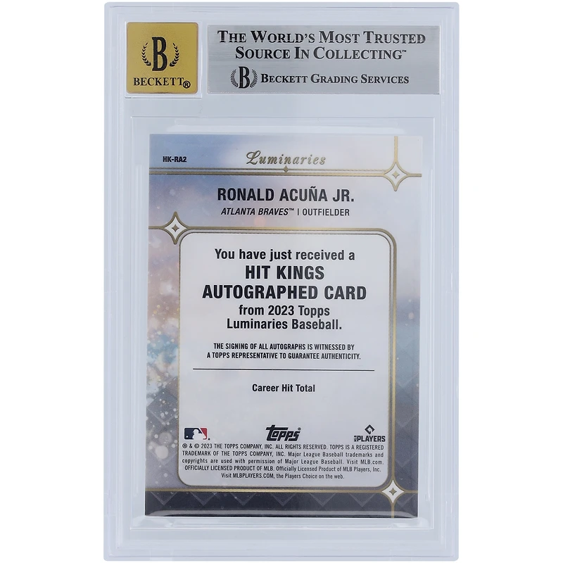 Carte authentifiée 8,5/10 BGS autographiée 2023 Topps Luminaries Hit Kings #HK-RA2 #15/15 par Ronald Acuña Jr. Atlanta Braves - Sous-grades 9,8,5,8,9
