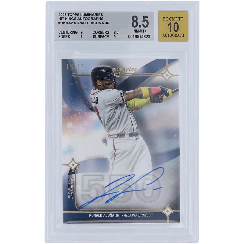 Carte authentifiée 8,5/10 BGS autographiée 2023 Topps Luminaries Hit Kings #HK-RA2 #15/15 par Ronald Acuña Jr. Atlanta Braves - Sous-grades 9,8,5,8,9