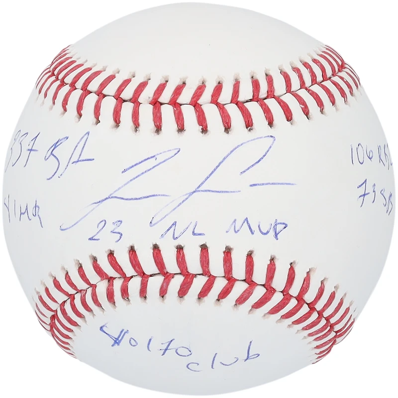 Ballon de baseball autographié par Ronald Acuña Jr. des Atlanta Braves avec plusieurs inscriptions - Édition limitée à 50 exemplaires