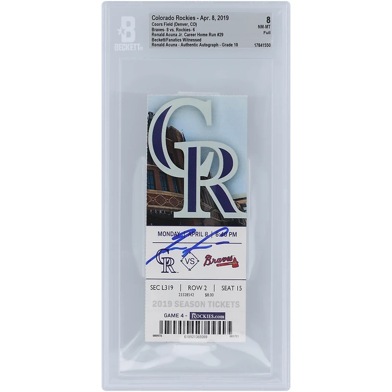 Billet authentifié par Beckett Fanatics Witnessed (8/10) du 8 avril 2019, signé par Ronald Acuña Jr. (Atlanta Braves), pour son 29e coup de circuit en carrière.