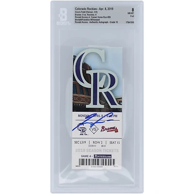 Billet authentifié par Beckett Fanatics Witnessed (8/10) du 8 avril 2019, signé par Ronald Acuña Jr. (Atlanta Braves), pour son 29e coup de circuit en carrière.