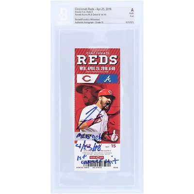 Billet autographié par Ronald Acuña Jr. pour ses débuts en MLB avec Beckett/Fanatics Witnessed, numéro 10 authentifié avec les inscriptions « MLB Debut 4/25/18 » et « 1st Career Hit »