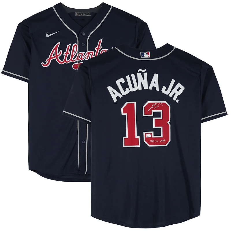 Maillot réplique Nike bleu marine autographié par Ronald Acuña Jr. des Braves d'Atlanta avec inscription « MVP de la Ligue nationale 2023 ».