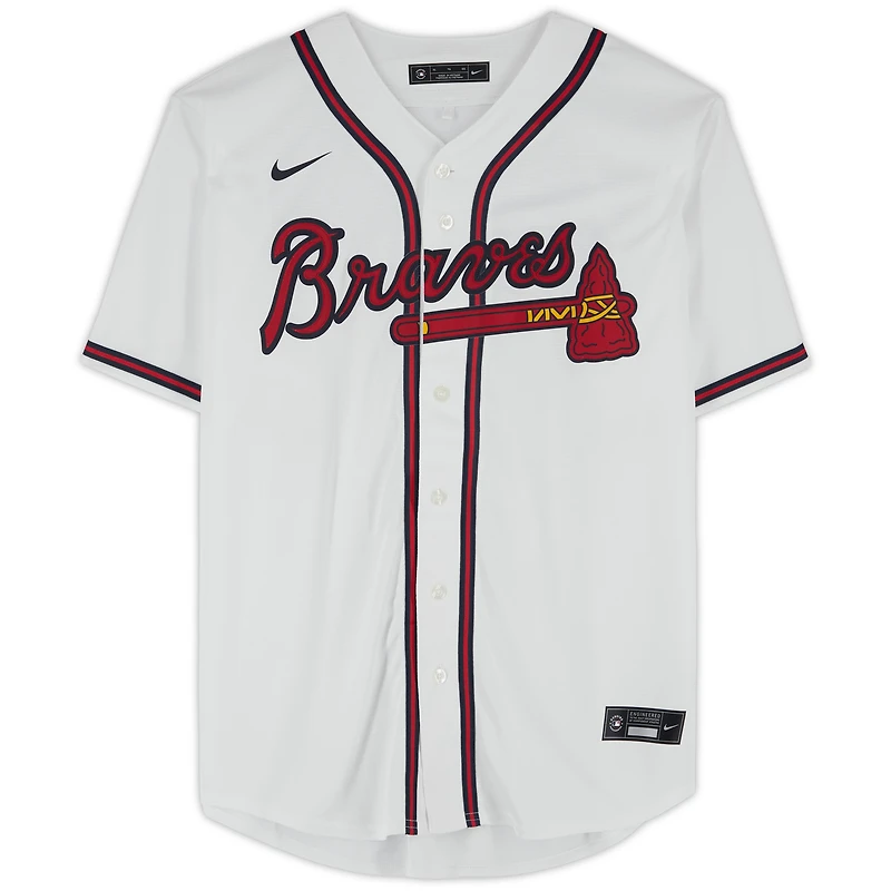 Maillot réplique blanc Nike autographié par Ronald Acuña Jr. des Braves d'Atlanta avec inscription « MVP de la Ligue nationale 2023 ».