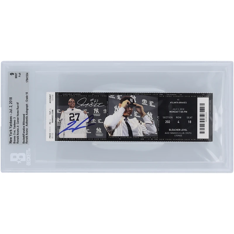 Ronald Acuña Jr. Atlanta Braves Career Home Run #7 Beckett Fanatics Witnessed Authenticed 9/10 Ticket du 2 juillet 2018