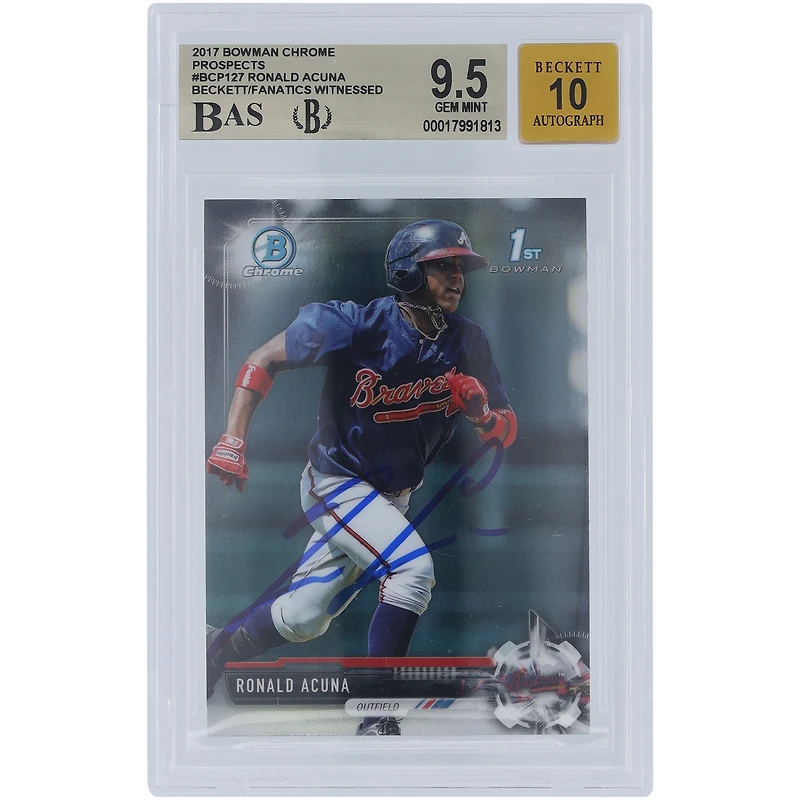 Ronald Acuna Jr. Atlanta Braves Autographié 2017 Bowman Chrome Prospects #BCP127 Beckett Fanatics Witnessed Authenticated 9.5/10 Card