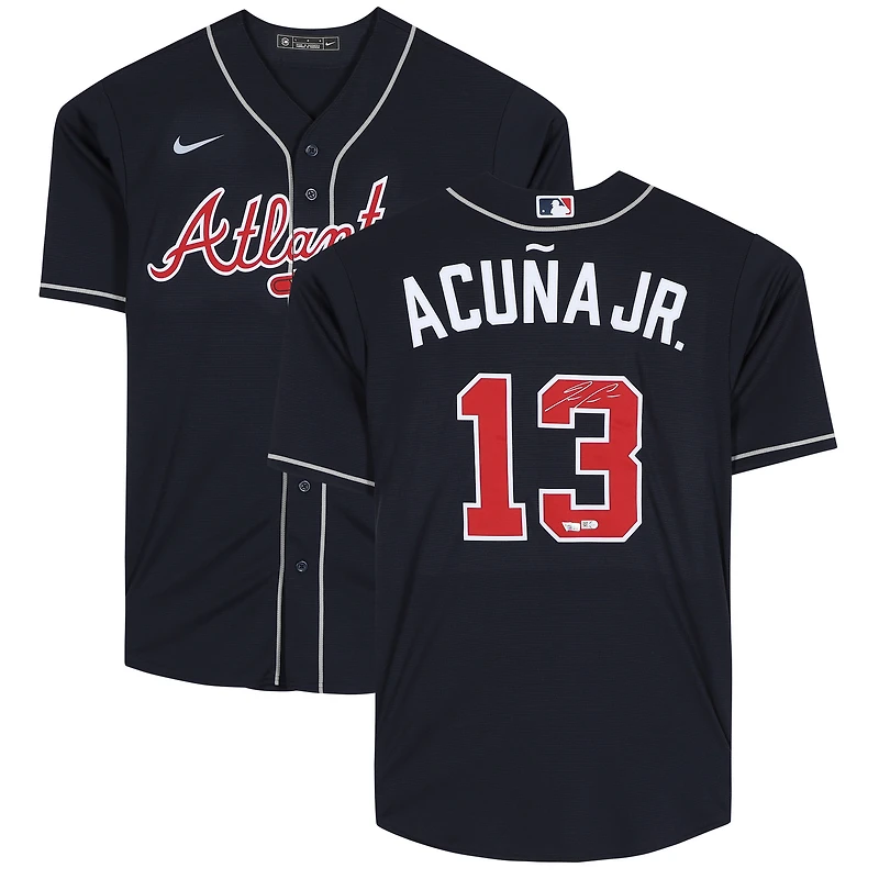 Maillot réplique Nike bleu marine autographié de Ronald Acuña Jr. des Braves d'Atlanta
