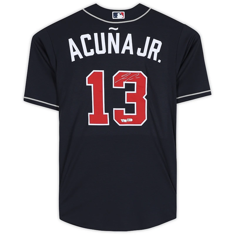 Maillot réplique Nike bleu marine autographié par Ronald Acuna Jr. des Atlanta Braves