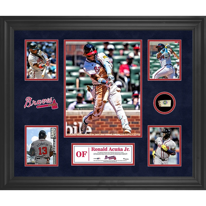 Collage encadré de 5 photos de Ronald Acuna Jr. Atlanta Braves avec un morceau de ballon utilisé lors du match