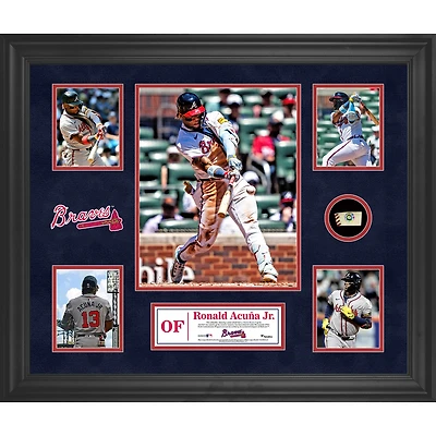 Collage encadré de 5 photos de Ronald Acuna Jr. Atlanta Braves avec un morceau de ballon utilisé lors du match