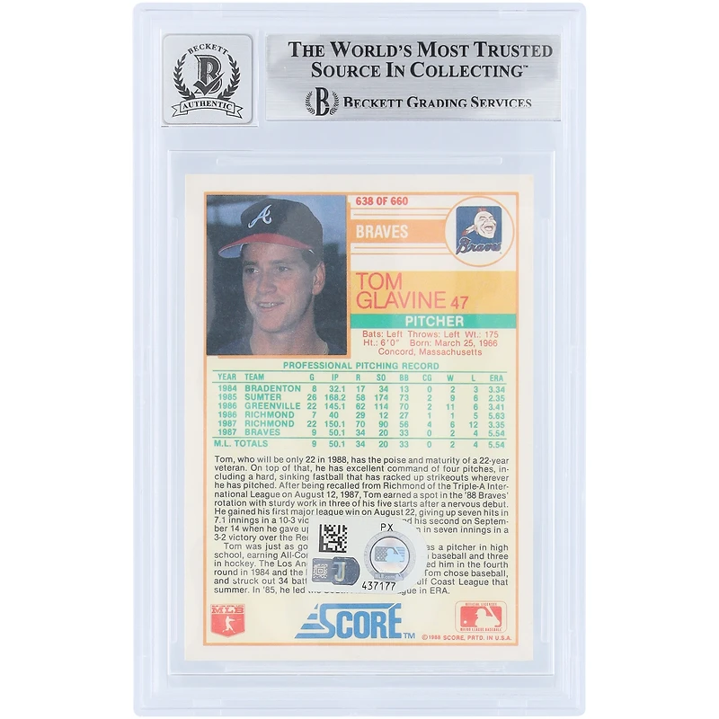 Carte de recrue autographiée de Tom Glavine (Atlanta Braves) de 1988, Score n° 638, authentifiée Beckett Fanatics Witnessed (9/10).