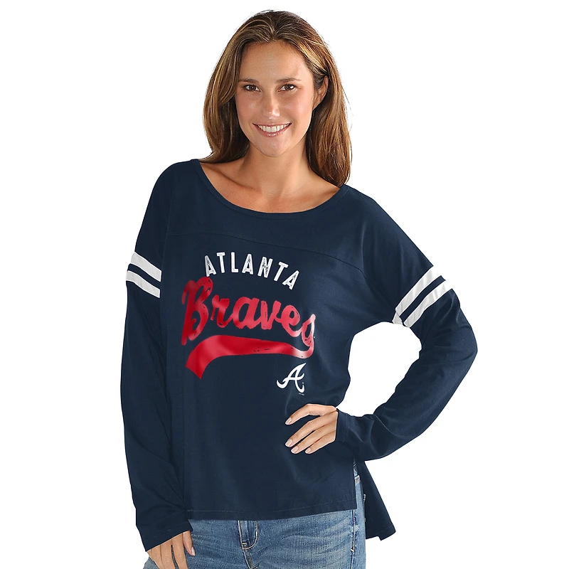 Women's G-III 4Her by Carl Banks Navy Atlanta Braves Free Agent Distressed Long Sleeve Scoop Neck T-Shirt