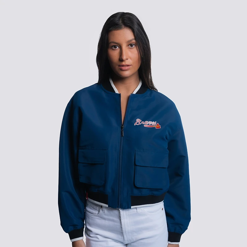 Women's Lusso  Navy Atlanta Braves Paisley Cropped Full-Zip Jacket