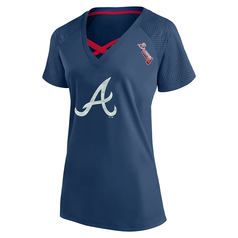 T-shirt à col en V raglan pailleté bleu marine pour femme, grande taille, des Braves d'Atlanta