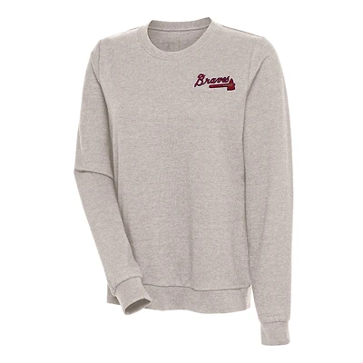 Women's Antigua Oatmeal Atlanta Braves Action Crewneck Pullover Sweatshirt