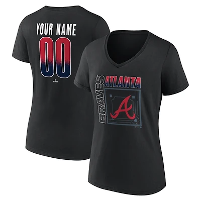 T-shirt noir à col en V pour femme, style domicile des Braves d'Atlanta, personnalisé avec nom et numéro.