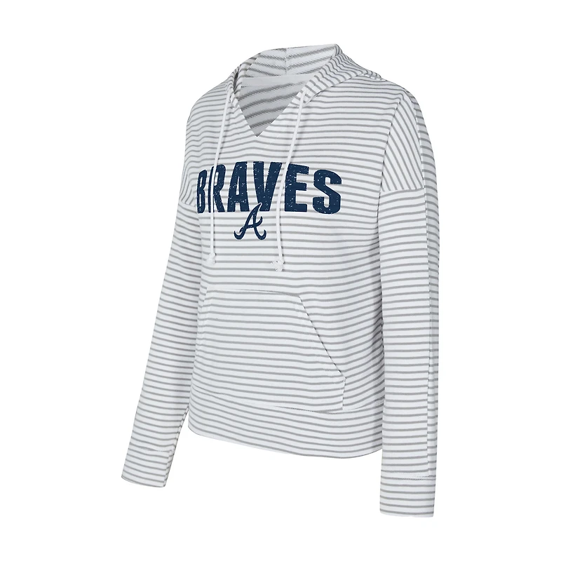 Women's Concepts Sport White/Gray Atlanta Braves Liftoff Striped V-Neck Hoodie