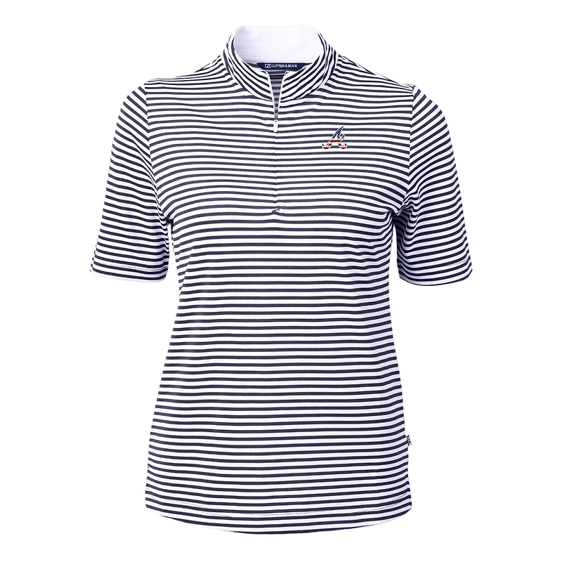 Women's Cutter & Buck Navy Atlanta Braves Virtue Eco Pique Stripe Recycled Quarter-Zip Pullover Top