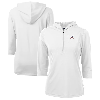Sweat à capuche zippé demi-zip Cutter & Buck blanc Atlanta Braves pour femme, en piqué écologique DryTec Virtue recyclé, logo Americana