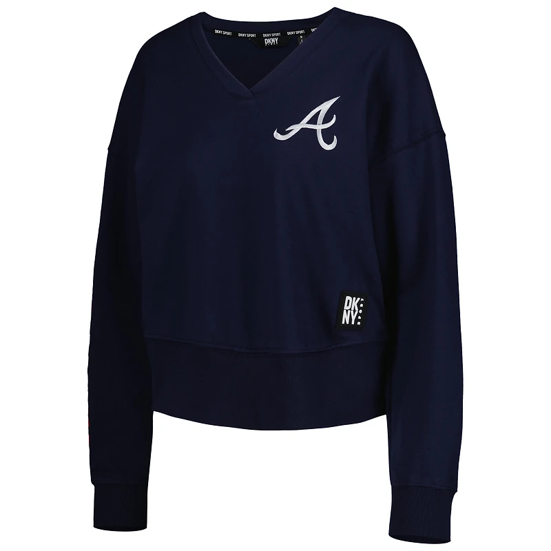 Women's DKNY Sport Navy Atlanta Braves Lily V-Neck Pullover Sweatshirt
