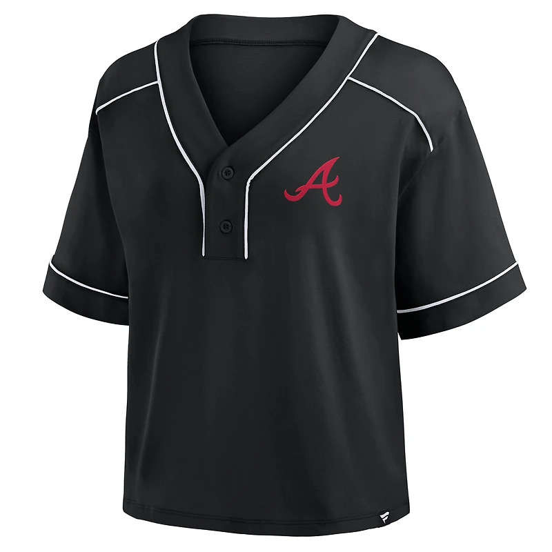 T-shirt court à col en V surdimensionné noir Atlanta Braves pour femme