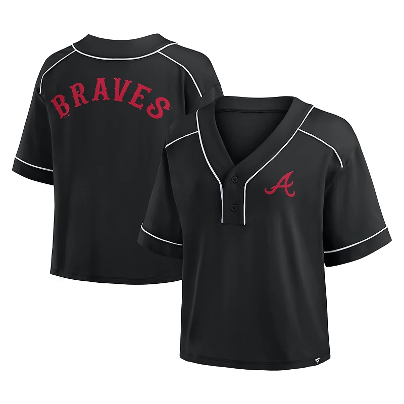 T-shirt court à col en V surdimensionné noir Atlanta Braves pour femme