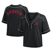 Women's Fanatics Black Atlanta Braves Oversized Champ Game Cropped V-Neck T-Shirt