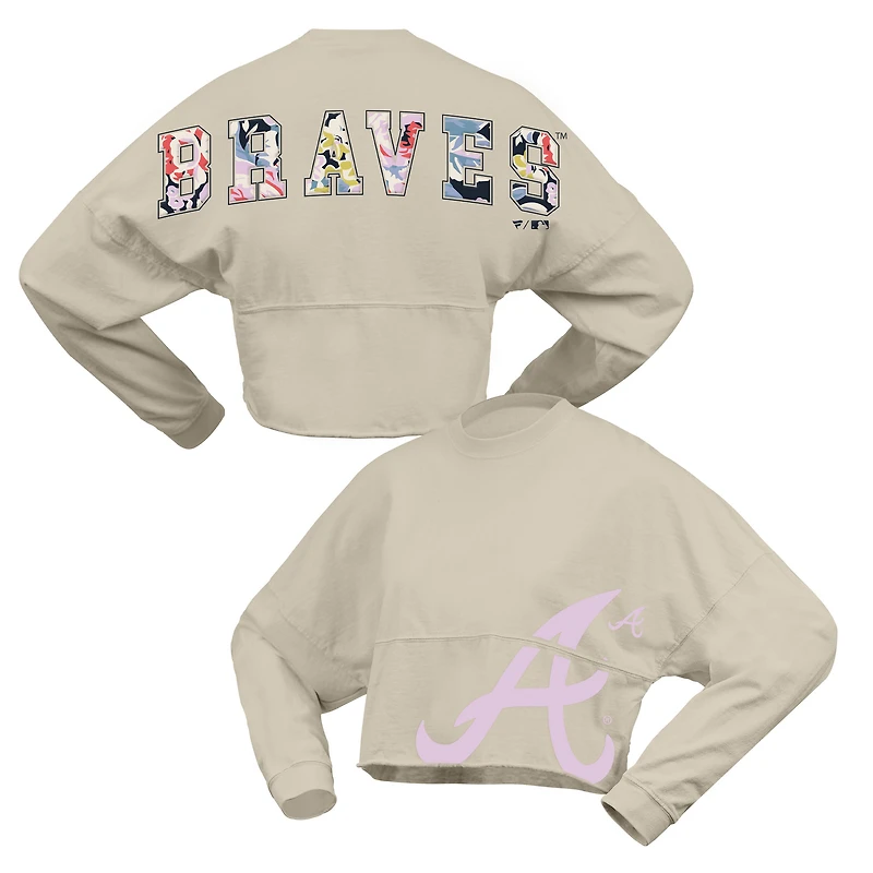 Women's Fanatics  Cream Atlanta Braves Floral Preppy Cropped Long Sleeve T-Shirt