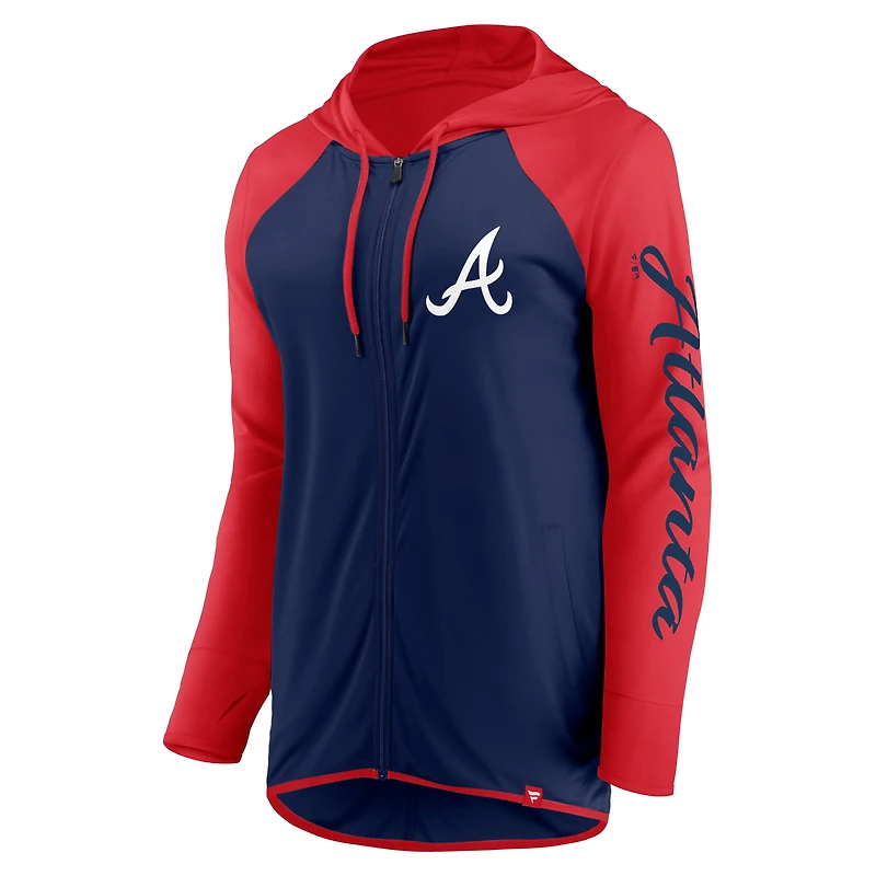 Sweat à capuche entièrement zippé manches longues Fanatics bleu marine/rouge Atlanta Braves pour femme
