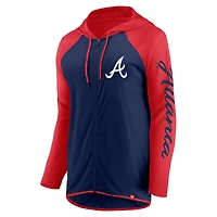 Sweat à capuche entièrement zippé manches longues Fanatics bleu marine/rouge Atlanta Braves pour femme