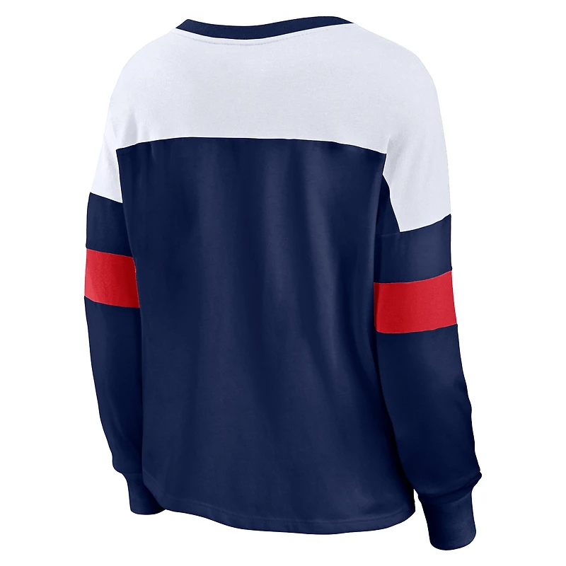 T-shirt à manches longues et col en V lacets Fanatics pour femmes, bleu marine/blanc, Atlanta Braves Even Match