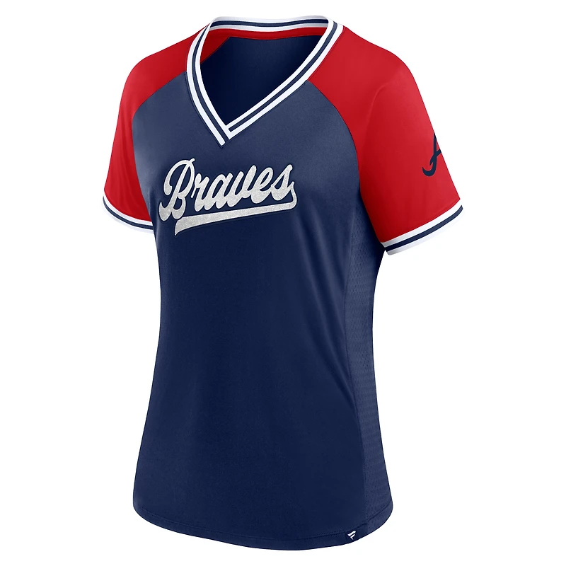 T-shirt à col en V Fanatics pour femmes, bleu marine, Atlanta Braves, Glitz & Glam League Diva Raglan