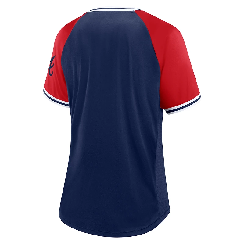 T-shirt à col en V Fanatics pour femmes, bleu marine, Atlanta Braves, Glitz & Glam League Diva Raglan