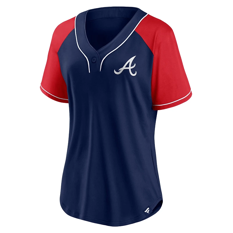 T-shirt à col en V Ultimate Style Raglan Fanatics pour femmes, bleu marine, Atlanta Braves