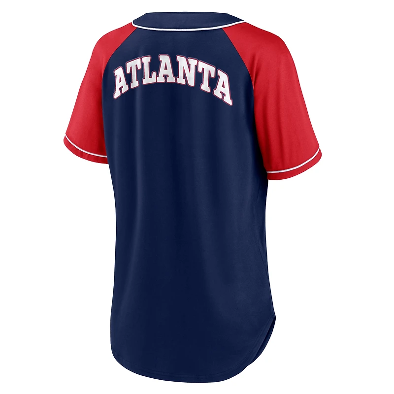 T-shirt à col en V Ultimate Style Raglan Fanatics pour femmes, bleu marine, Atlanta Braves