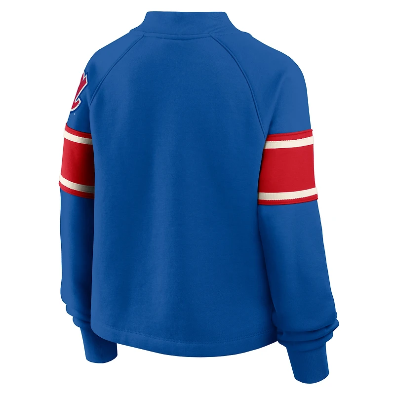 Women's Fanatics Royal Atlanta Braves Oversized Toss Sweep Raglan Pullover Sweatshirt