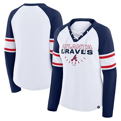 Women's Fanatics White/Navy Atlanta Braves Blitz Package Raglan Lace-Up V-Neck Long Sleeve T-Shirt