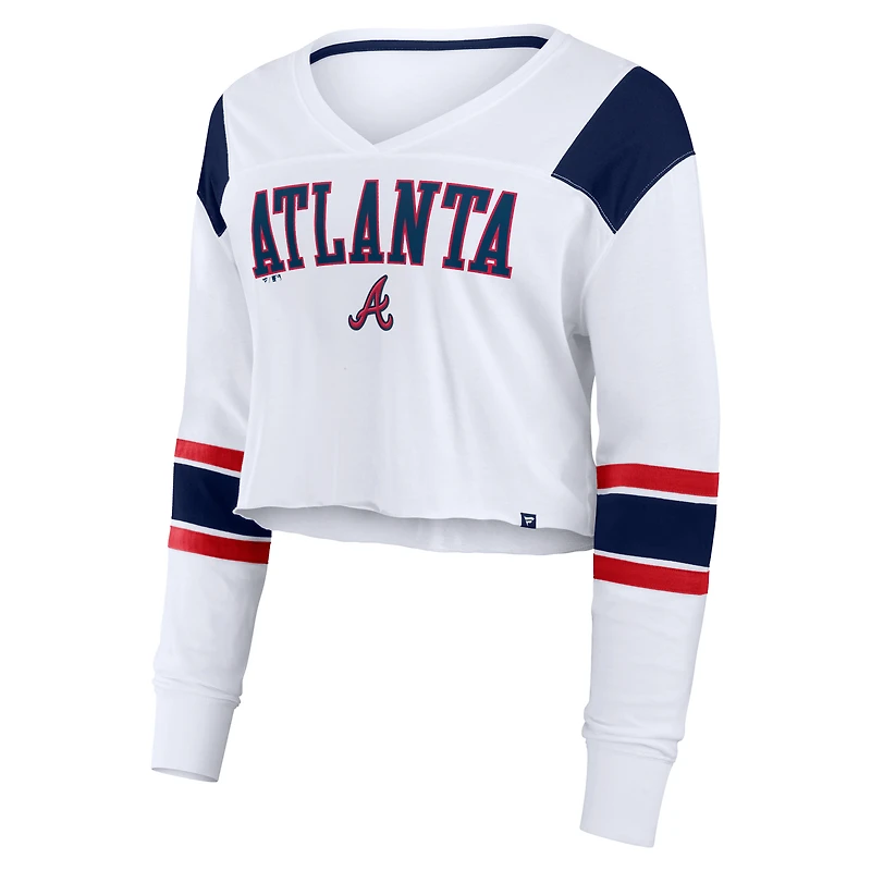 Women's Fanatics White Atlanta Braves Stretch Cropped Fashion Long Sleeve T-Shirt