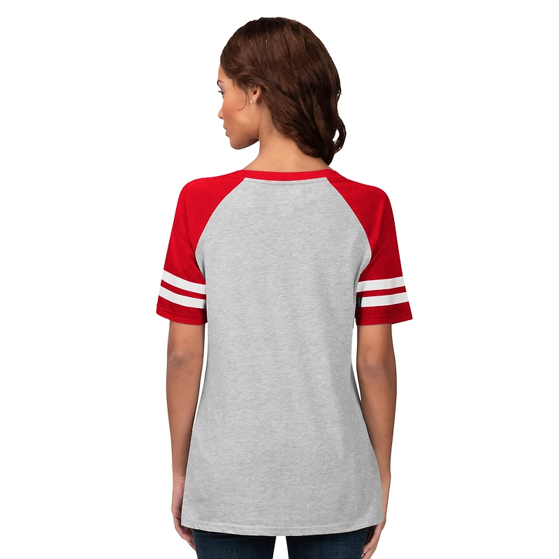 T-shirt raglan à col en V G-III 4Her pour femmes par Carl Banks, gris chiné, Atlanta Braves Goal Line