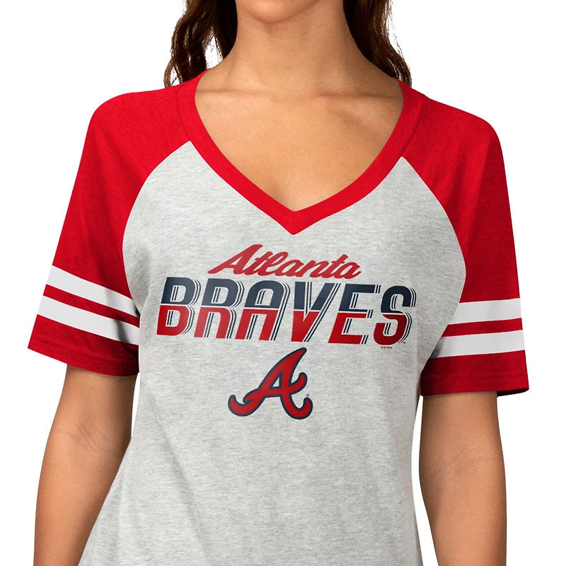 T-shirt raglan à col en V G-III 4Her pour femmes par Carl Banks, gris chiné, Atlanta Braves Goal Line