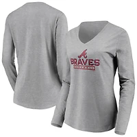 T-shirt gris à manches longues et col en V pour femme des Braves d'Atlanta Evanston Stencil