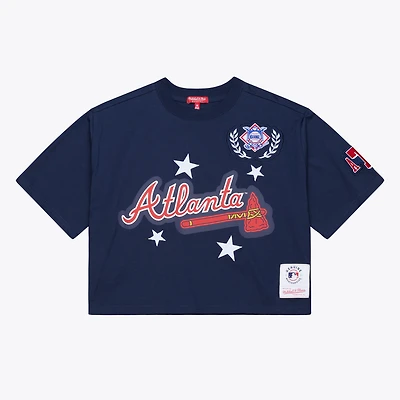 Women's Mitchell & Ness Navy Atlanta Braves Pep Rally Cropped Boxy T-Shirt
