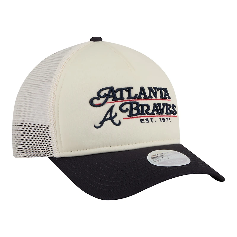 Women's New Era Light Beige/Navy Atlanta Braves Retro 9FORTY M-Crown A-Frame Trucker Adjustable Hat