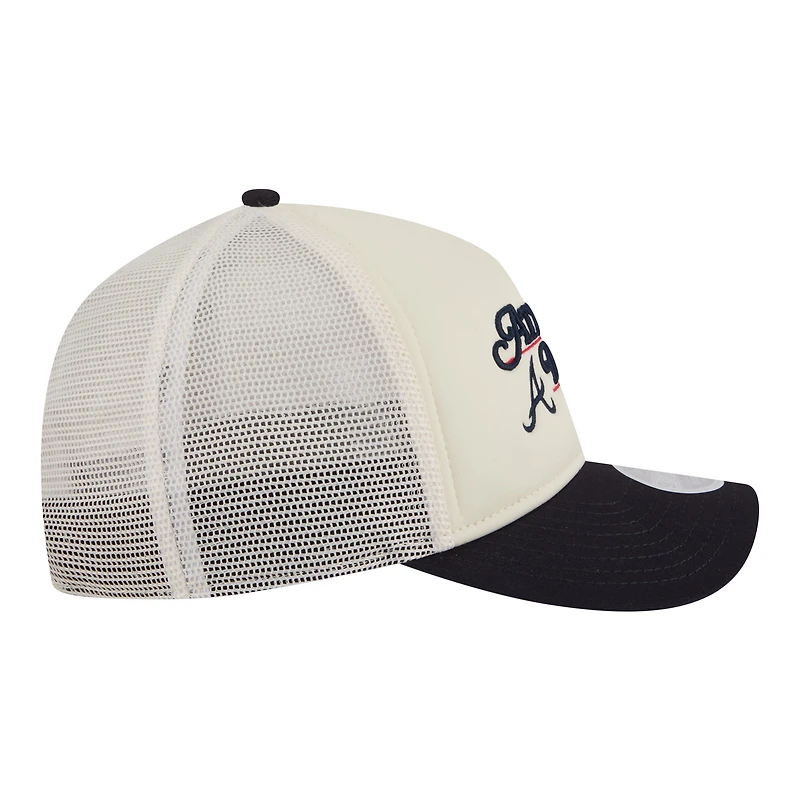 Women's New Era Light Beige/Navy Atlanta Braves Retro 9FORTY M-Crown A-Frame Trucker Adjustable Hat