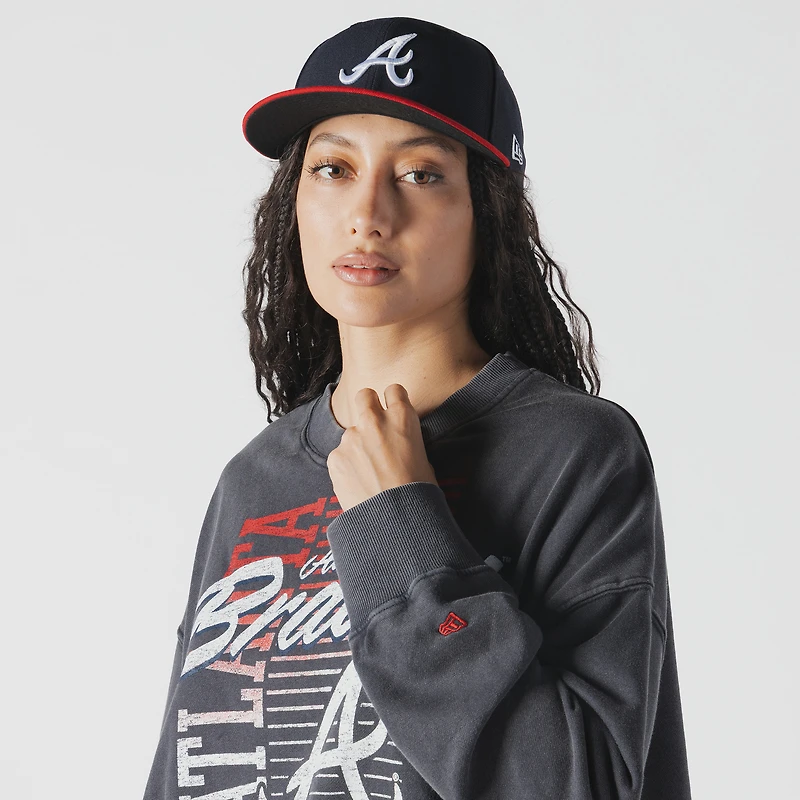 Women's New Era Navy Atlanta Braves Boxy Mineral Wash Dolmen Sleeve Cropped Sweatshirt