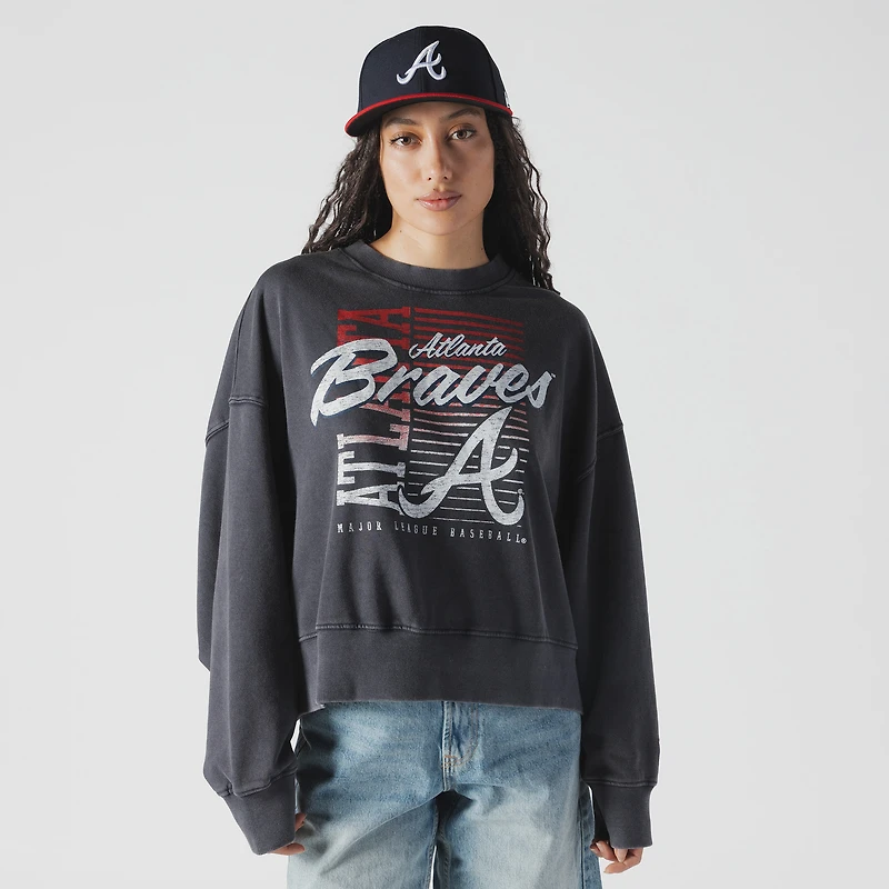 Women's New Era Navy Atlanta Braves Boxy Mineral Wash Dolmen Sleeve Cropped Sweatshirt