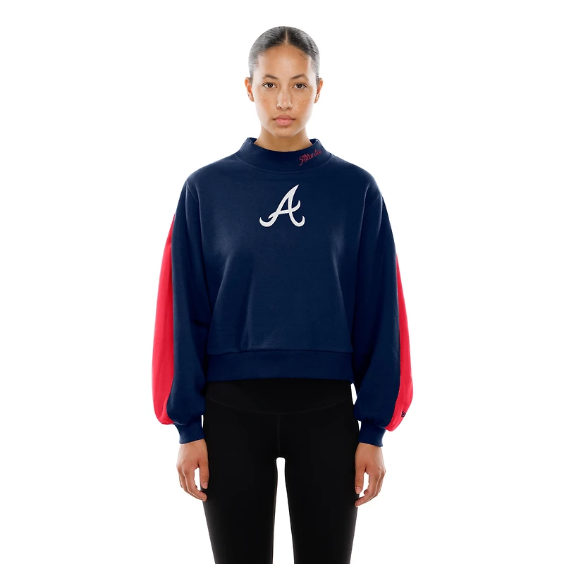 Sweat-shirt à manches ballon et col montant bleu marine New Era pour femme des Braves d'Atlanta