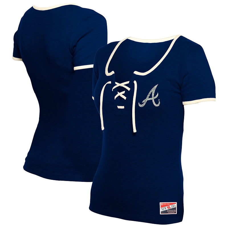 T-shirt à lacets rétro Atlanta Braves bleu marine New Era pour femme