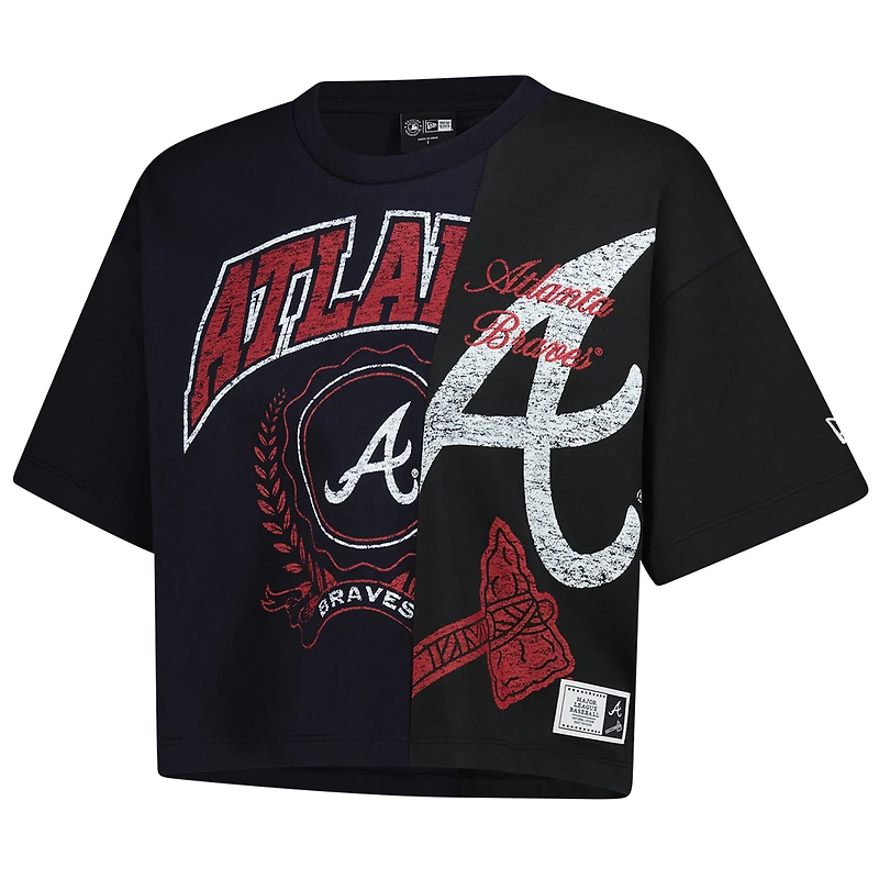 Women's New Era Navy Atlanta Braves Upcycled Colorblocked Boxy Cropped T-Shirt